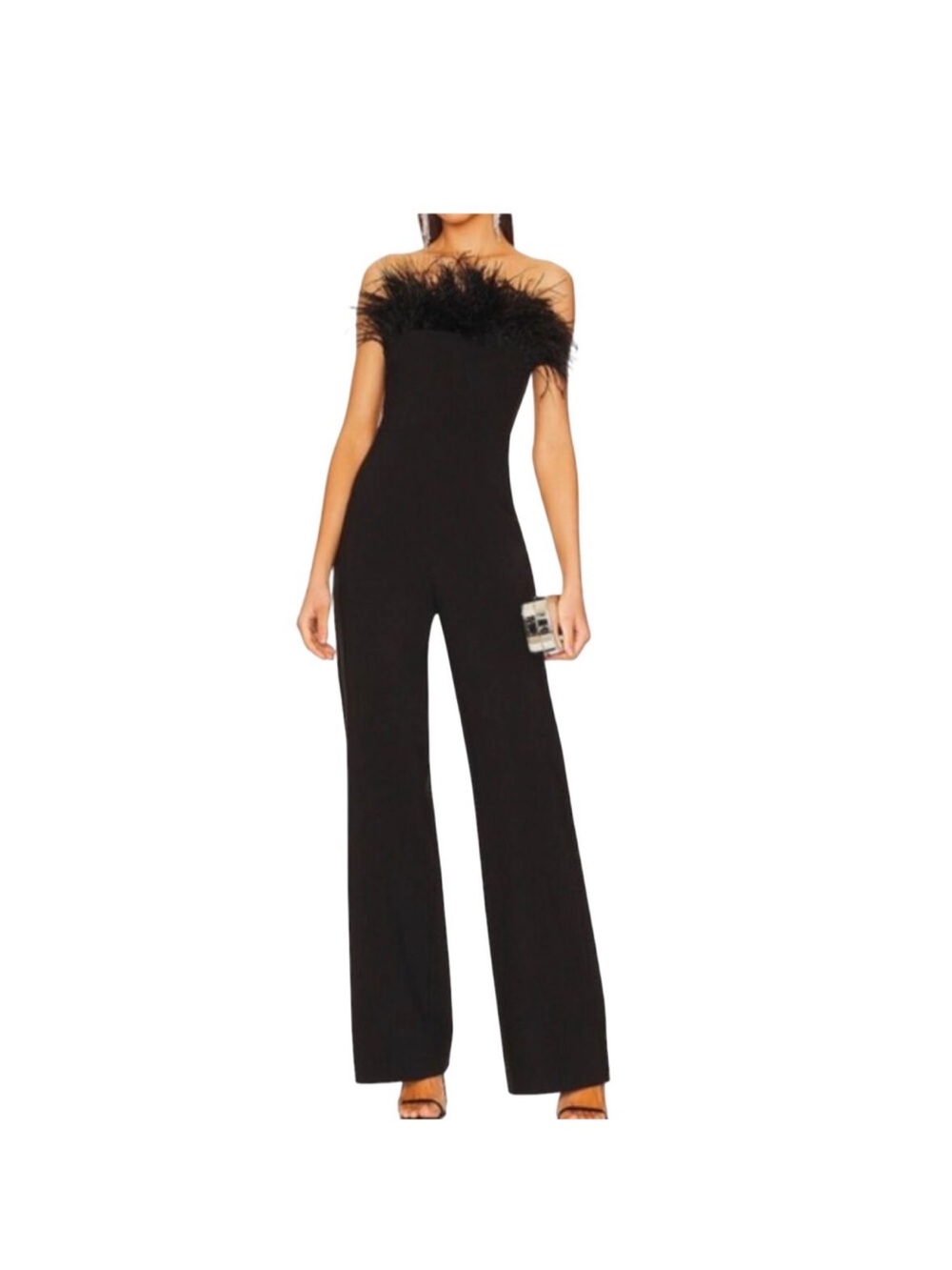 Likely Black Off-Shoulder Feather Trim Jumpsuit